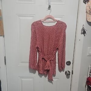 Max Studio Coral-Red Patterned Tie-Front Blouse